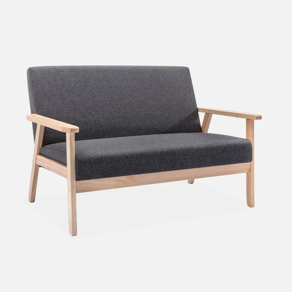 Banquette 2 places bois hévéa tissu bleu émeraude style scandinave Isak