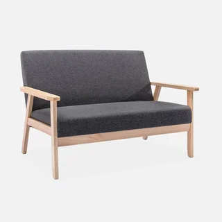 Banquette 2 places bois hévéa tissu bleu émeraude style scandinave Isak