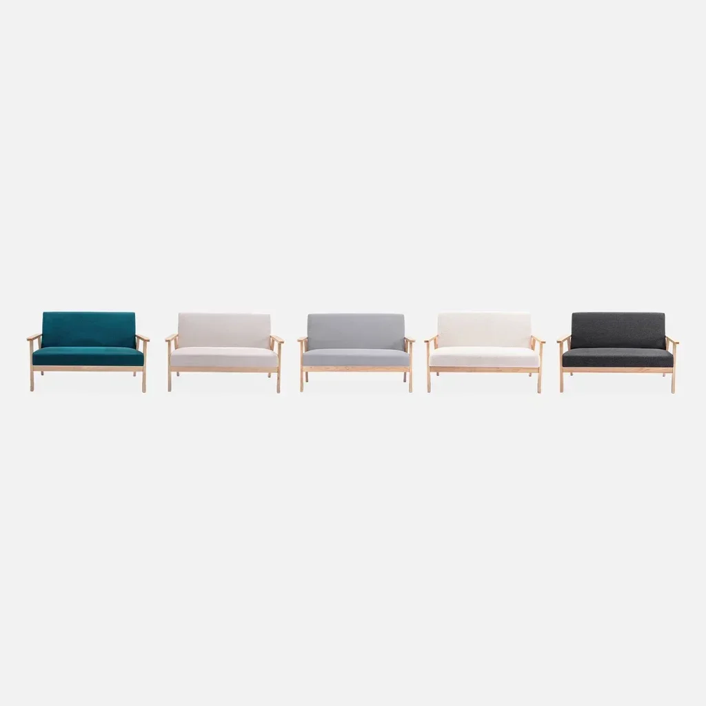 Banquette 2 places scandinave bois hévéa tissu bleu émeraude Isak