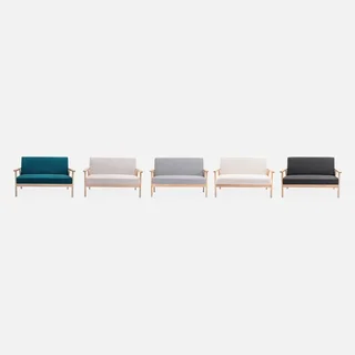 Banquette 2 places scandinave bois hévéa tissu bleu émeraude Isak