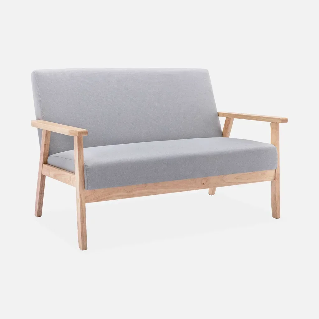 Banquette 2 places scandinave bois hévéa tissu bleu émeraude Isak