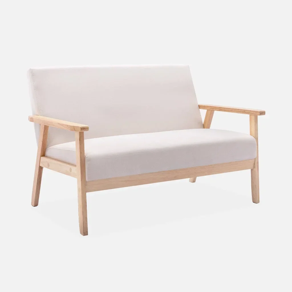 Banquette 2 places Isak bois hévéa tissu bleu émeraude style scandinave