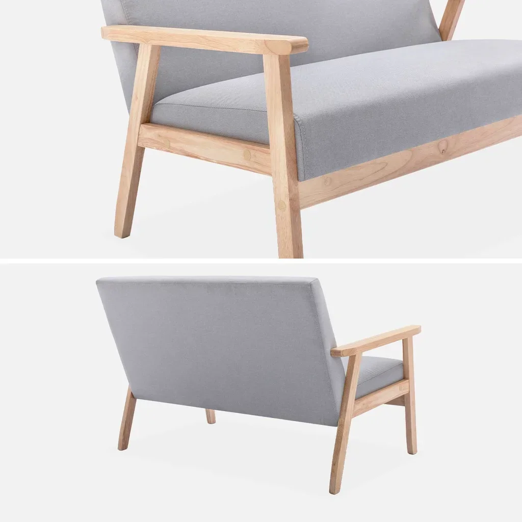 Banquette 2 places scandinave bois hévéa tissu bleu émeraude Isak