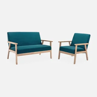 Banquette 2 places scandinave bois hévéa tissu bleu émeraude Isak