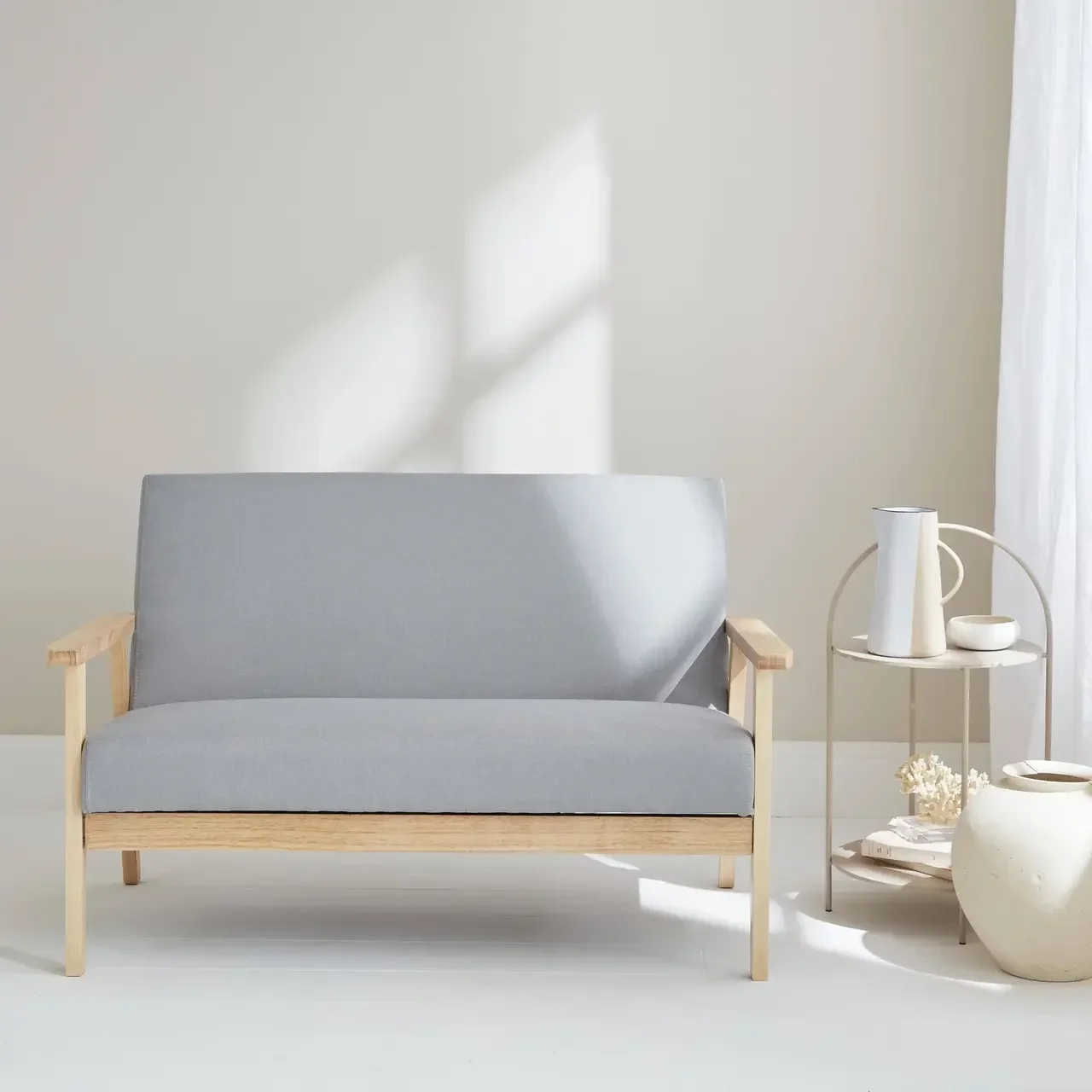 Banquette 2 places scandinave bois hévéa tissu bleu émeraude Isak