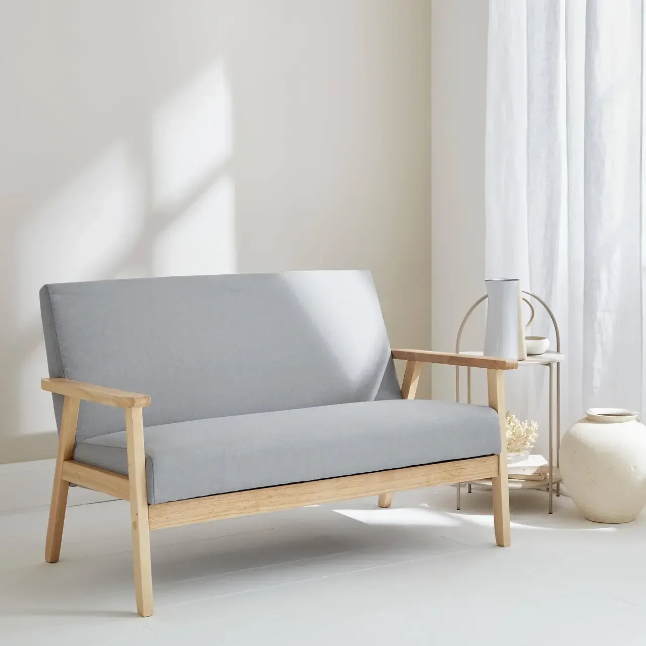 Banquette 2 places scandinave bois hévéa tissu bleu émeraude Isak
