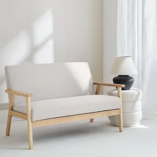 Banquette 2 places Isak bois hévéa tissu bleu émeraude style scandinave