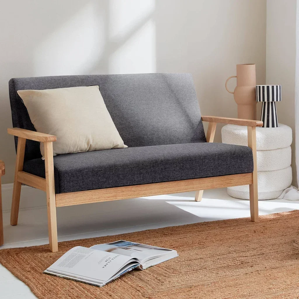 Banquette 2 places bois hévéa tissu bleu émeraude style scandinave Isak