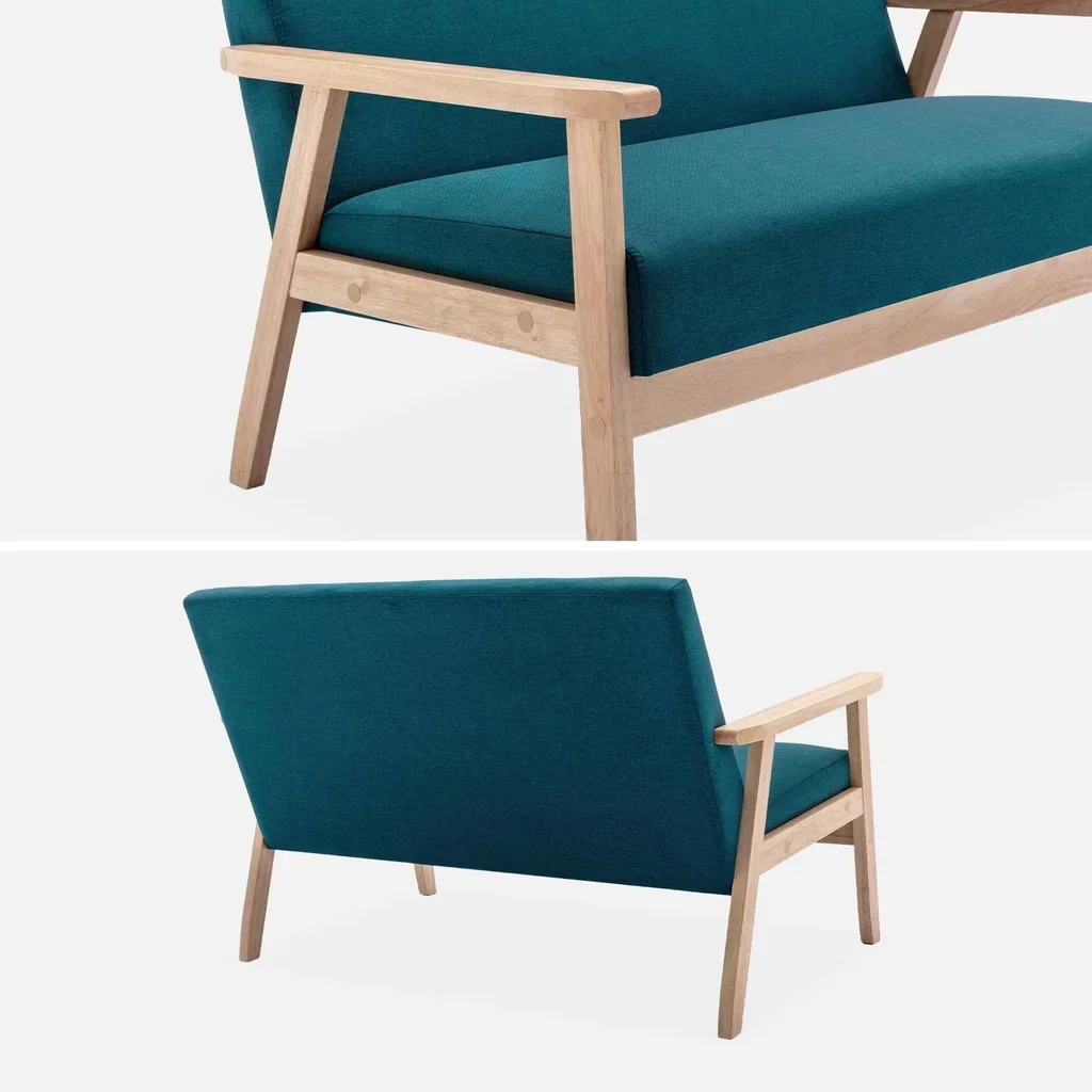 Banquette 2 places scandinave bois hévéa tissu bleu émeraude Isak