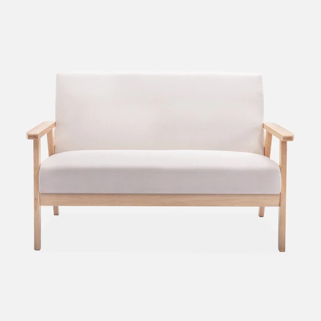 Banquette 2 places Isak bois hévéa tissu bleu émeraude style scandinave