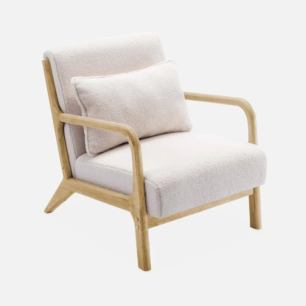 Banquette 2 places scandinave bois et tissu bouclette crème Lorens