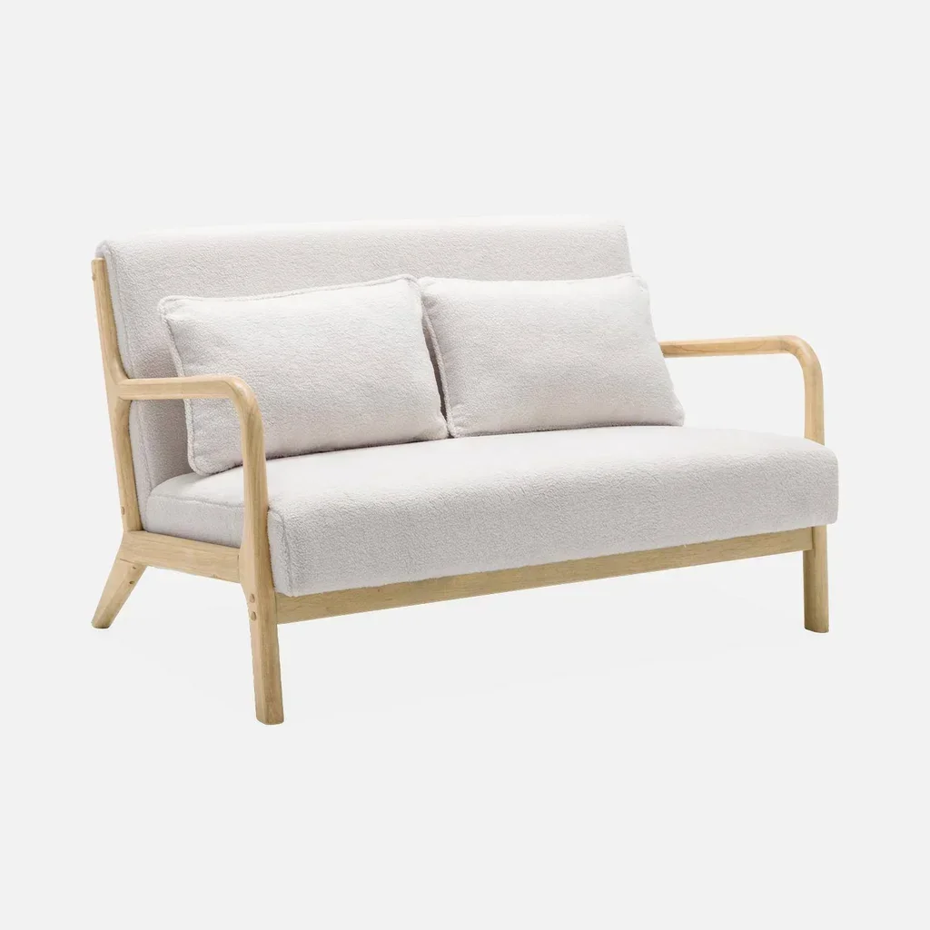 Banquette 2 places scandinave bois et tissu bouclette crème Lorens