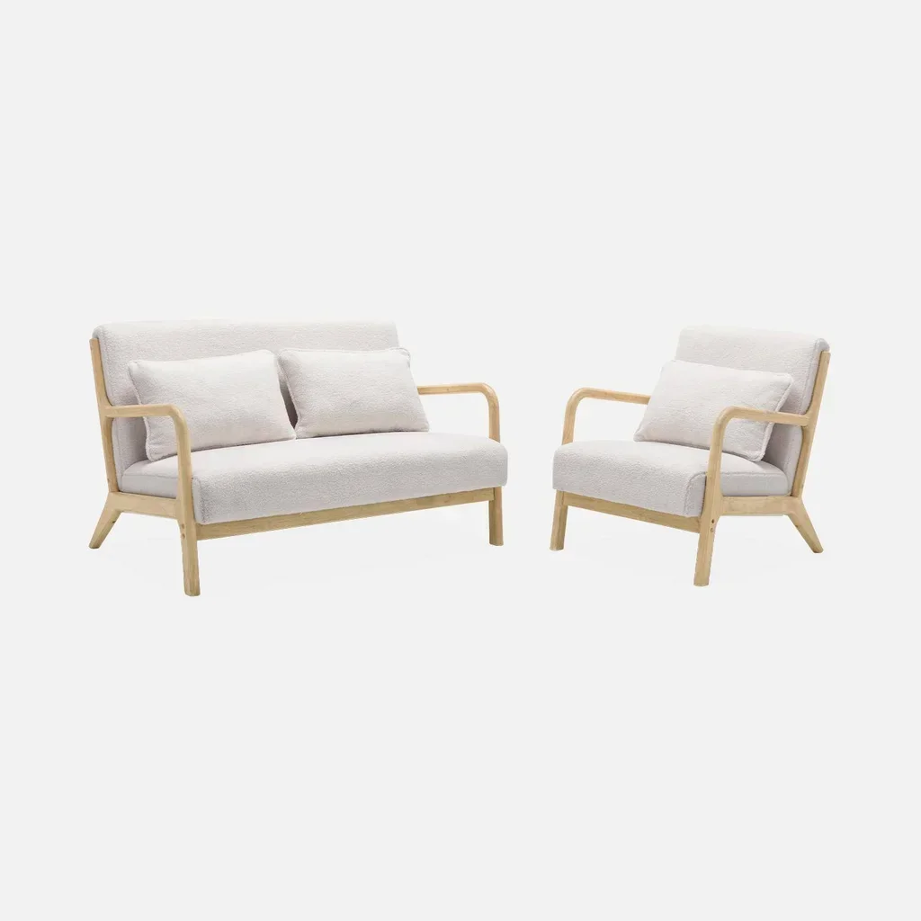 Banquette 2 places scandinave bois et tissu bouclette crème Lorens