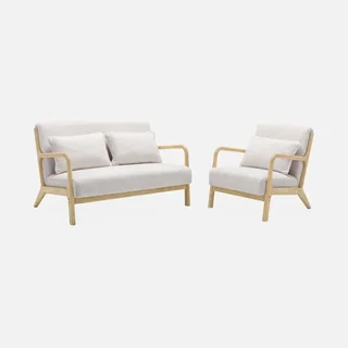 Banquette 2 places scandinave bois et tissu bouclette crème Lorens