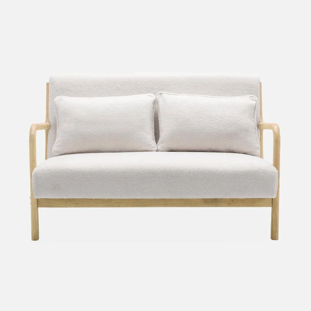 Banquette 2 places scandinave bois et tissu bouclette crème Lorens