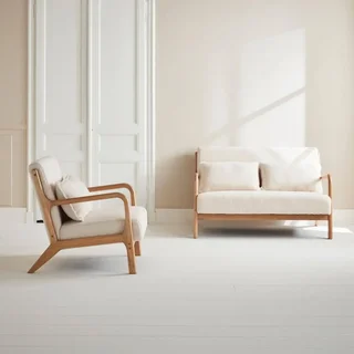 Banquette 2 places scandinave bois et tissu bouclette crème Lorens
