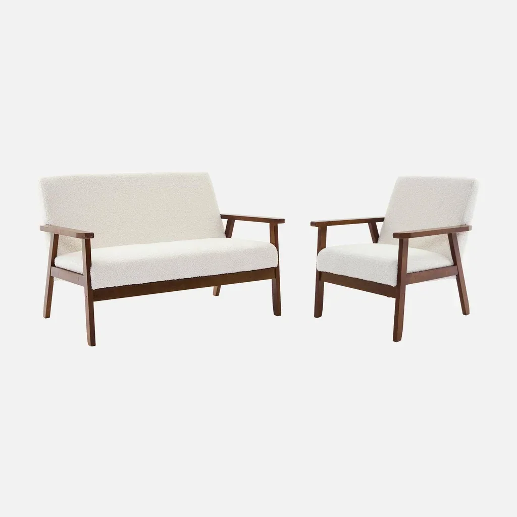 3-Sitzer-Sofa und skandinavischer Sessel Hevea Hellnuss Weiß Bouclé