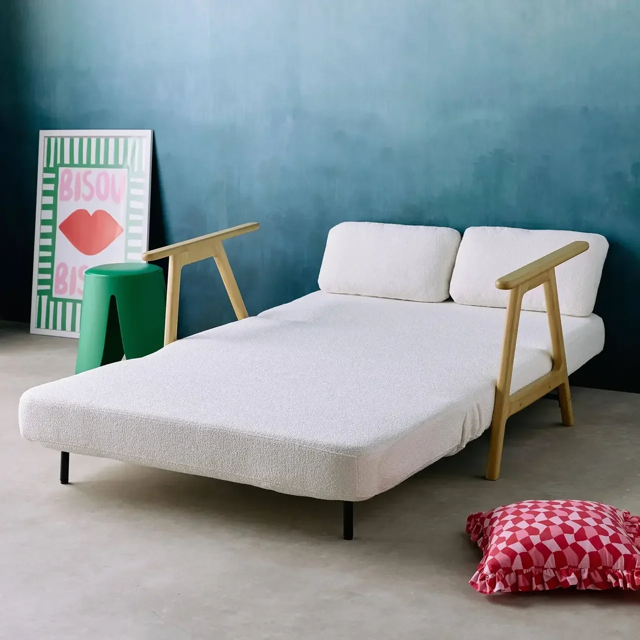 Banco Convertible Sven 2 Plazas Madera Maciza Hevea Bouclé Crema Estilo Escandinavo