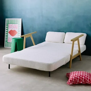 Banco Convertible Sven 2 Plazas Madera Maciza Hevea Bouclé Crema Estilo Escandinavo