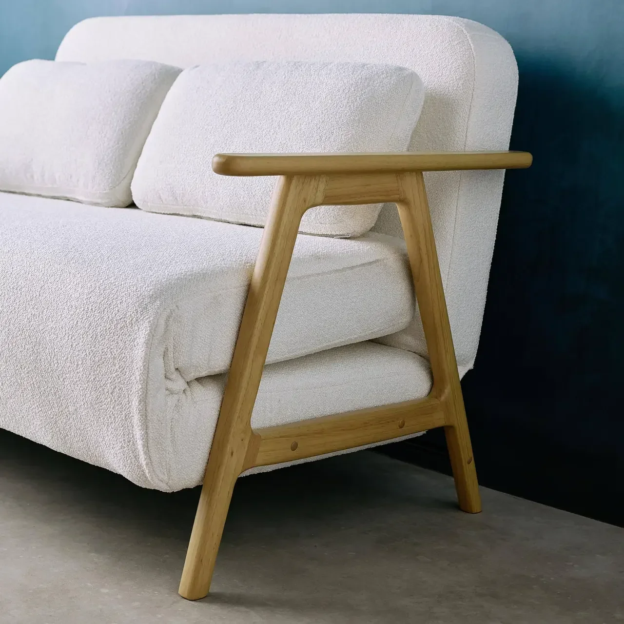 Banco Convertible Sven 2 Plazas Madera Maciza Hevea Bouclé Crema Estilo Escandinavo