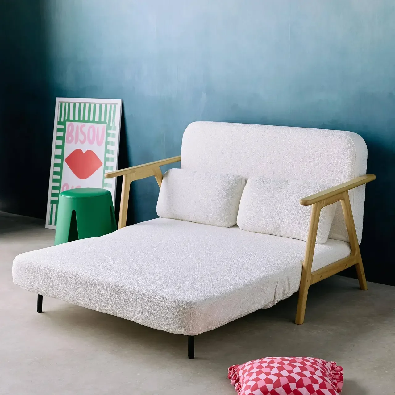 Banco Convertible Sven 2 Plazas Madera Maciza Hevea Bouclé Crema Estilo Escandinavo