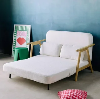 Banco Convertible Sven 2 Plazas Madera Maciza Hevea Bouclé Crema Estilo Escandinavo