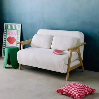 Banco Convertible Sven 2 Plazas Madera Maciza Hevea Bouclé Crema Estilo Escandinavo