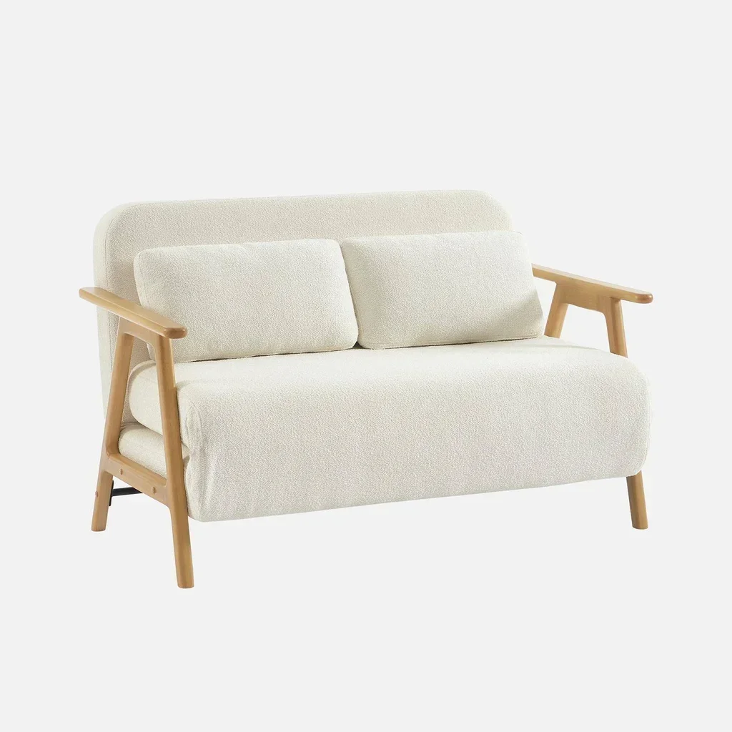 Banco Convertible Sven 2 Plazas Madera Maciza Hevea Bouclé Crema Estilo Escandinavo