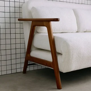 Banquette convertible 2 places Sven bois hévéa noyer clair tissu bouclette
