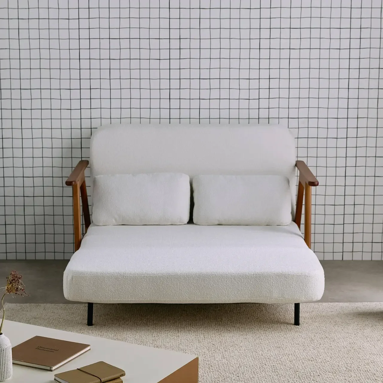 Banquette convertible 2 places Sven bois hévéa noyer clair tissu bouclette