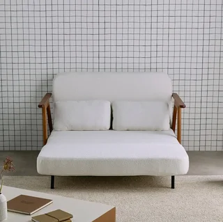 Banquette convertible 2 places Sven bois hévéa noyer clair tissu bouclette