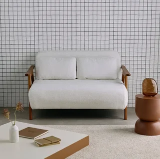Banquette convertible 2 places Sven bois hévéa noyer clair tissu bouclette