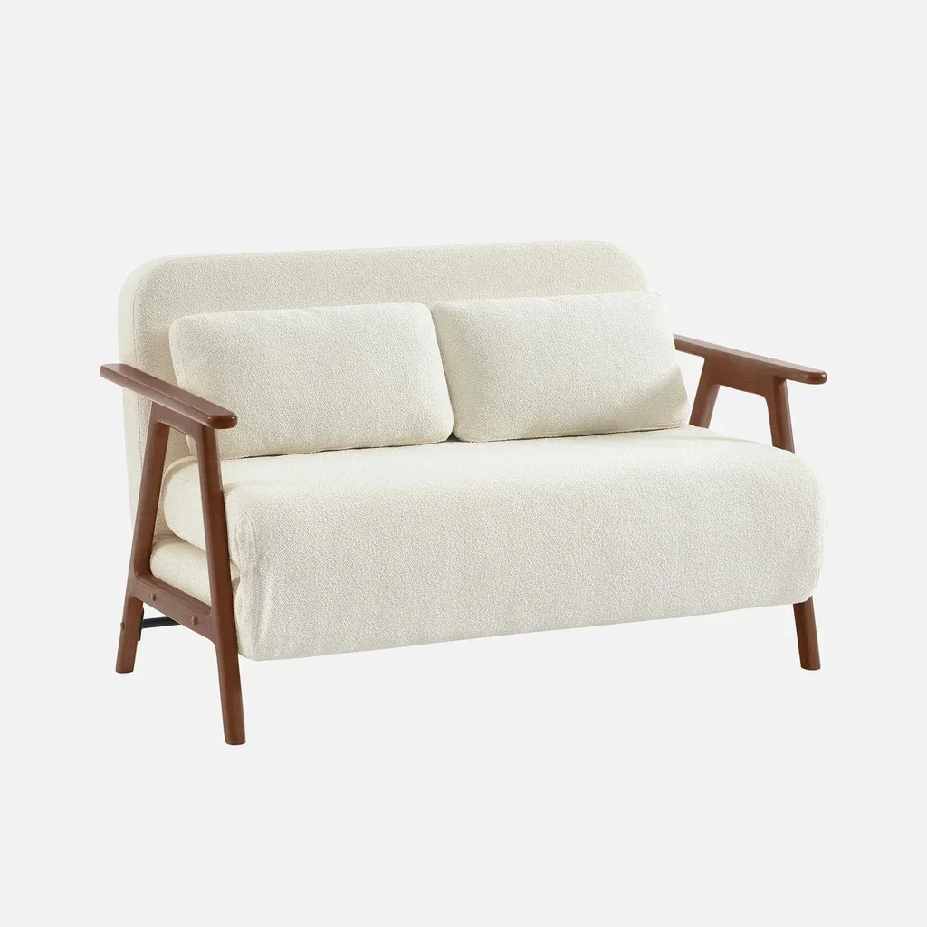 Banquette convertible 2 places Sven bois hévéa noyer clair tissu bouclette