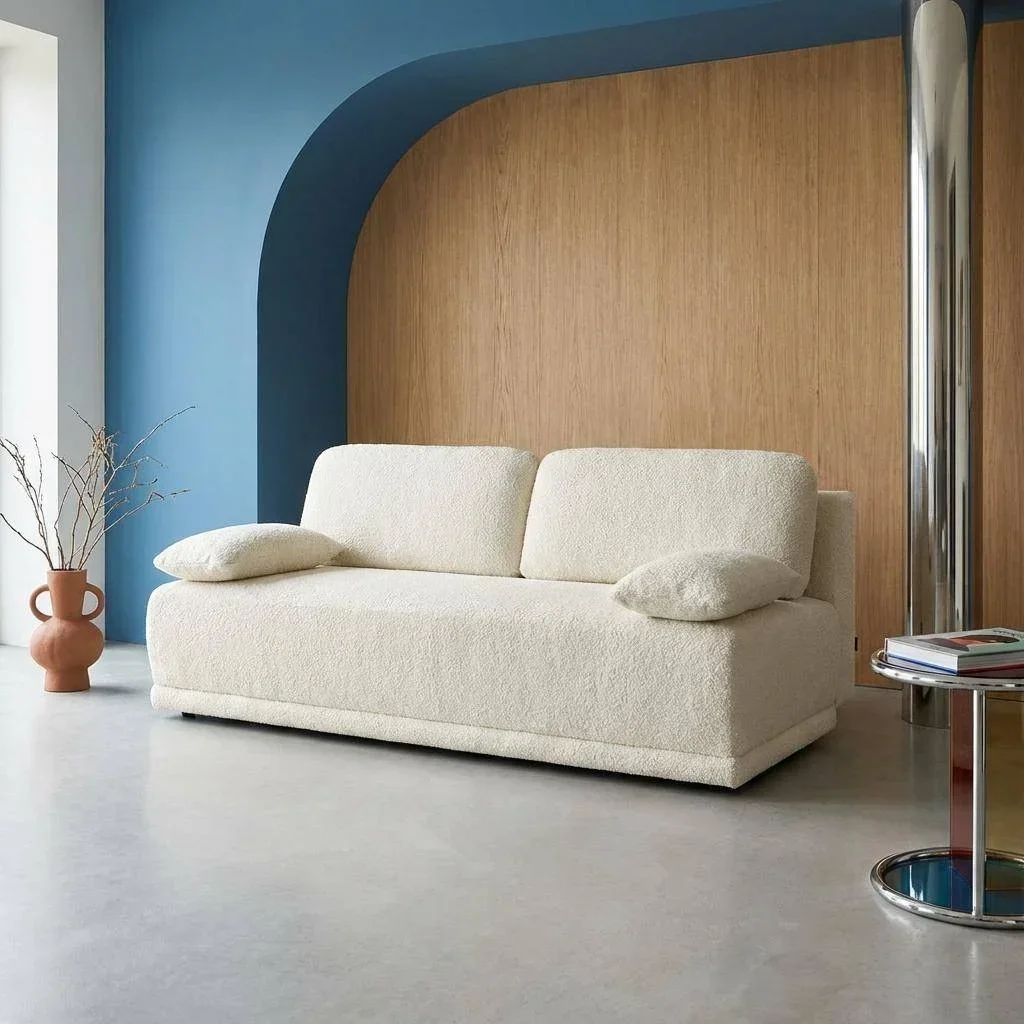 Banquette convertible Nelson 3 places tissu bouclette avec coffre rangement