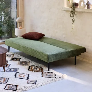 Cremefarbene Cord-Sam 3-Sitzer-Schlafsofa mit schwarzen Metallbeinen Max