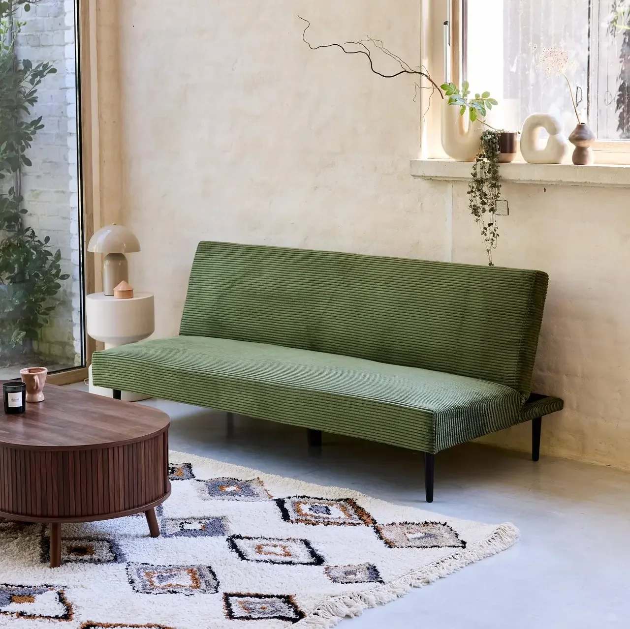 Cremefarbene Cord-Sam 3-Sitzer-Schlafsofa mit schwarzen Metallbeinen Max