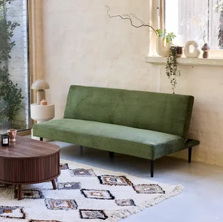 Cremefarbene Cord-Sam 3-Sitzer-Schlafsofa mit schwarzen Metallbeinen Max