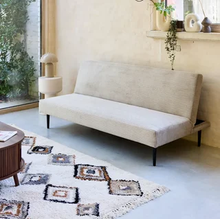 Cremefarbene Cord-Sam 3-Sitzer-Schlafsofa mit schwarzen Metallbeinen Max