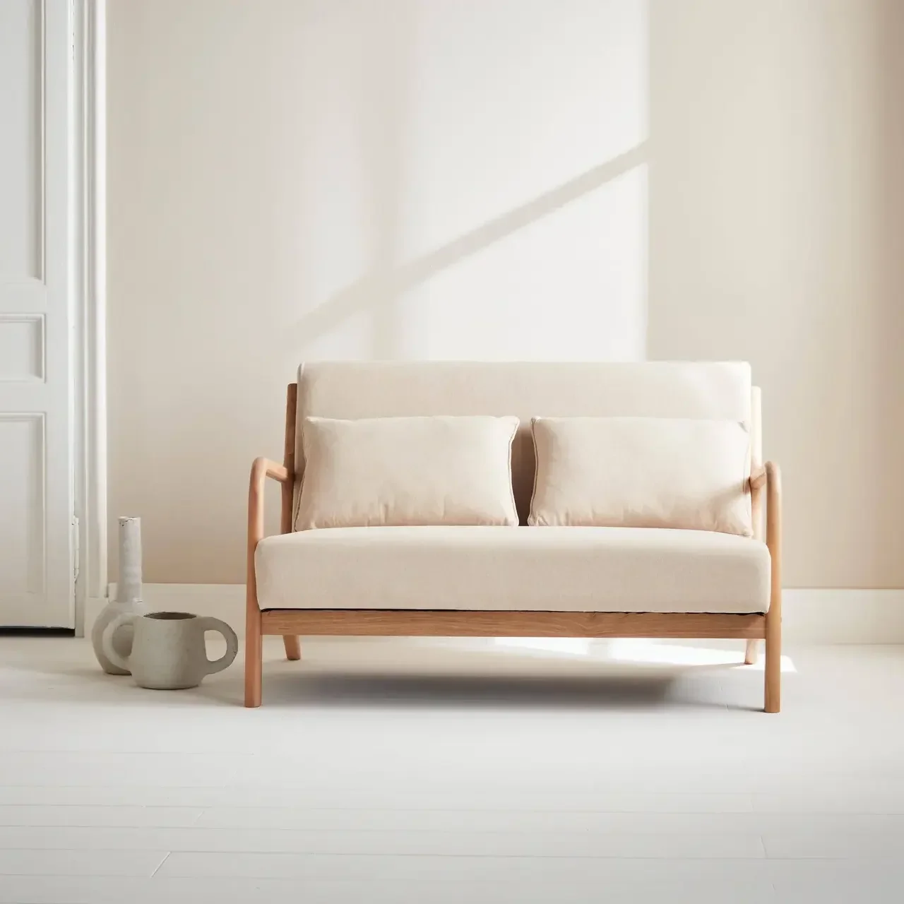 Banquette design nordique 2 places bois tissu Lorens salon scandinave