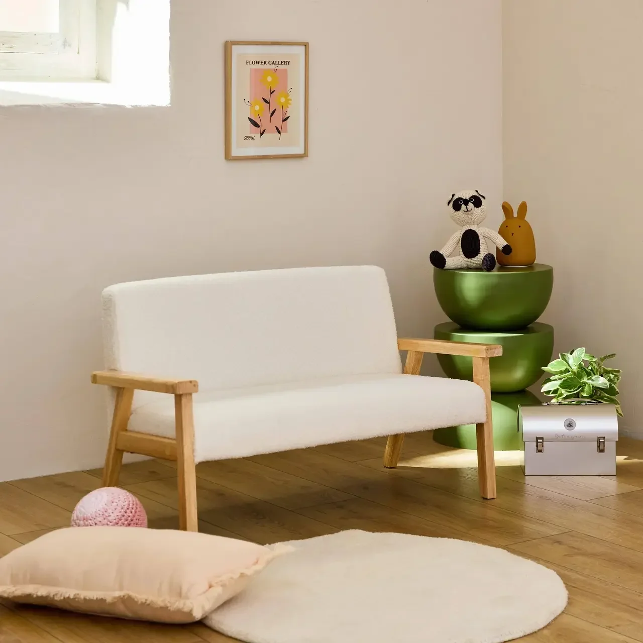 Banquette enfant 2 places bouclette blanche bois hévéa style scandinave ISAK