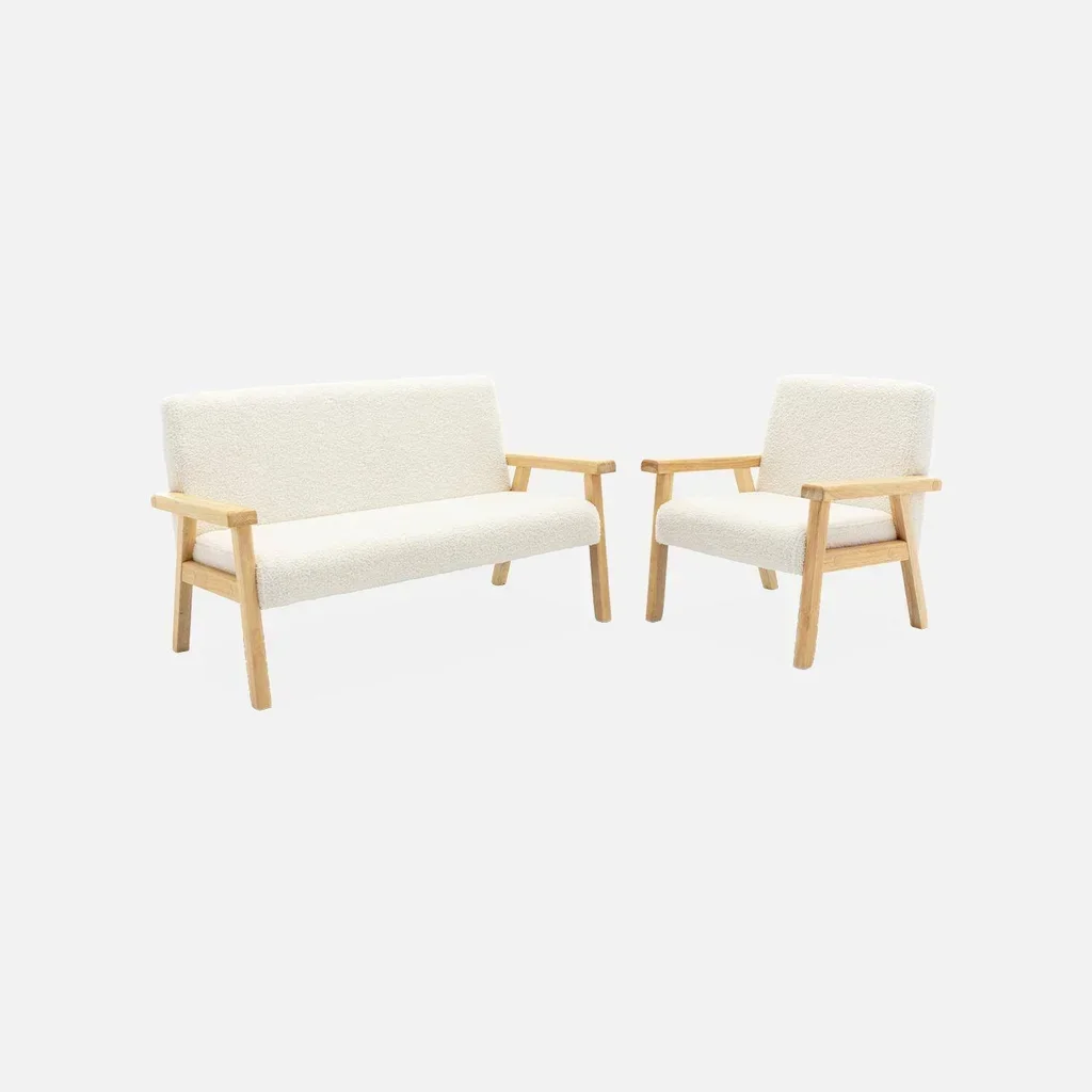 Banquette enfant 2 places bouclette blanche bois hévéa style scandinave ISAK