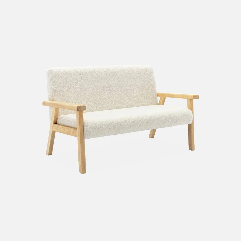 Banquette enfant 2 places bouclette blanche bois hévéa style scandinave ISAK