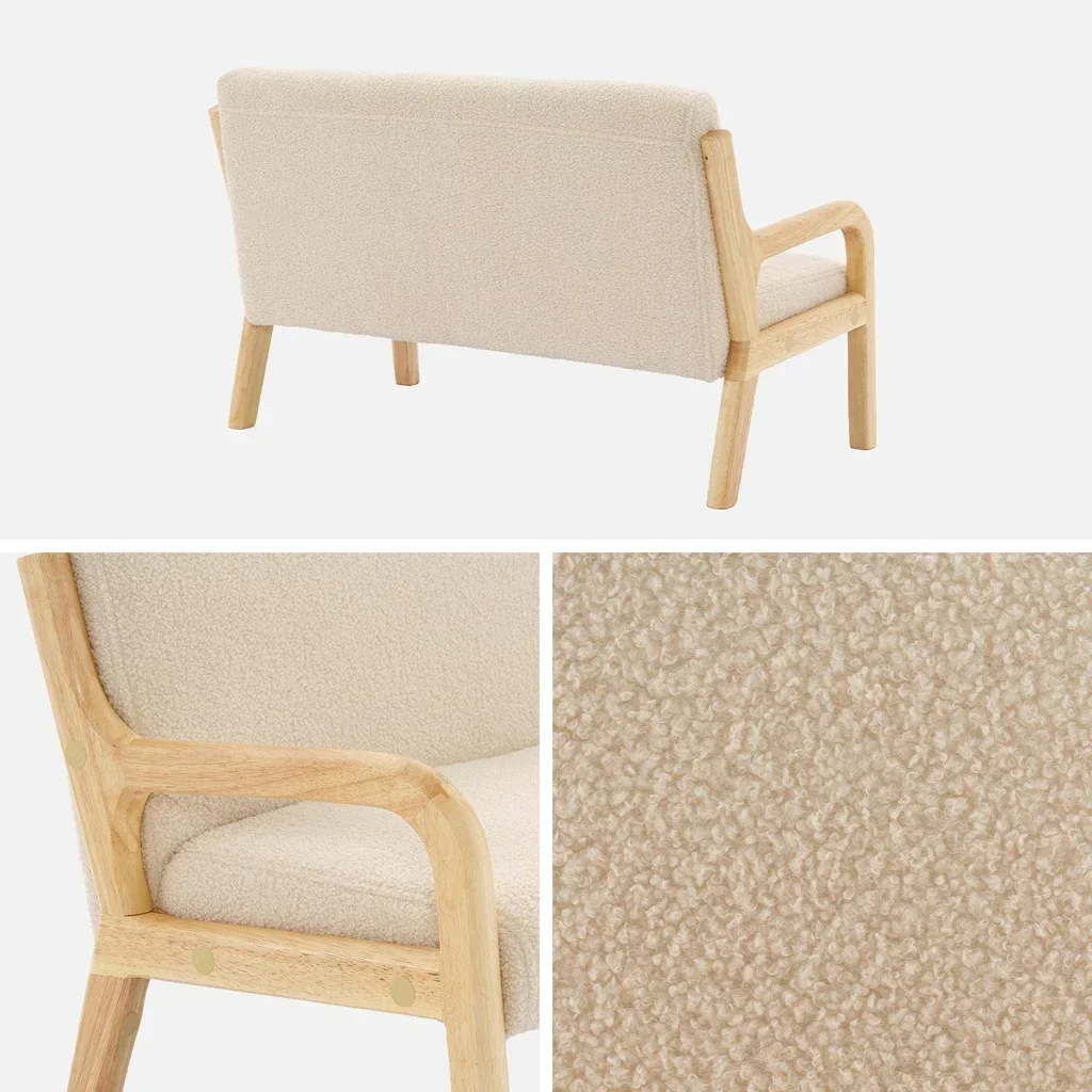 Banquette enfant 2 places scandinave bois hévéa tissu bouclette Lorens Kids