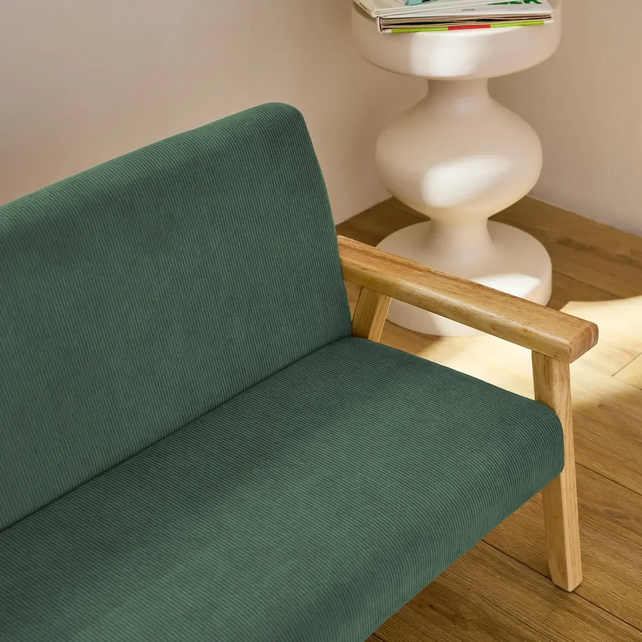 Banquette enfant 2 places velours côtelé kaki bois hévéa ISAK