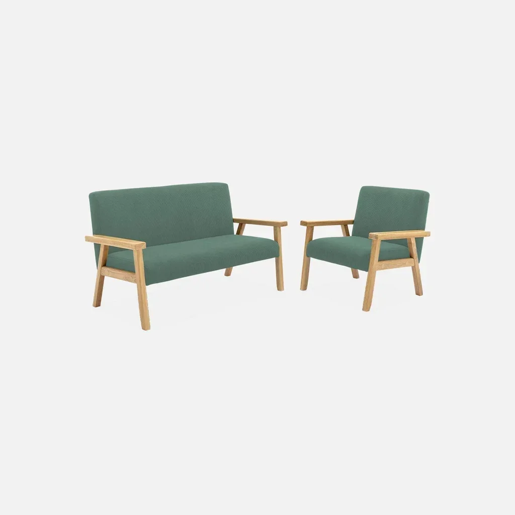 Banquette enfant 2 places velours côtelé kaki bois hévéa ISAK