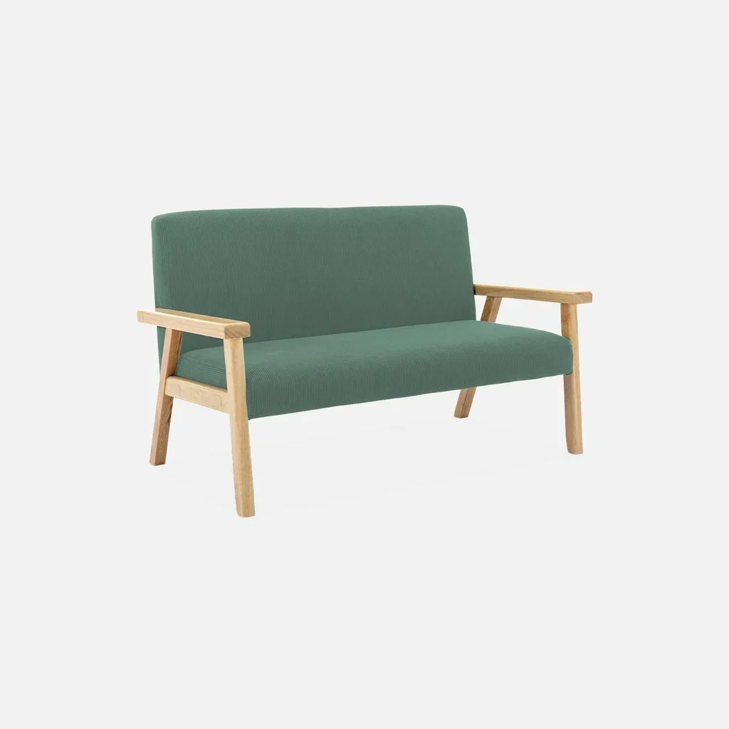 Banquette enfant 2 places velours côtelé kaki bois hévéa ISAK