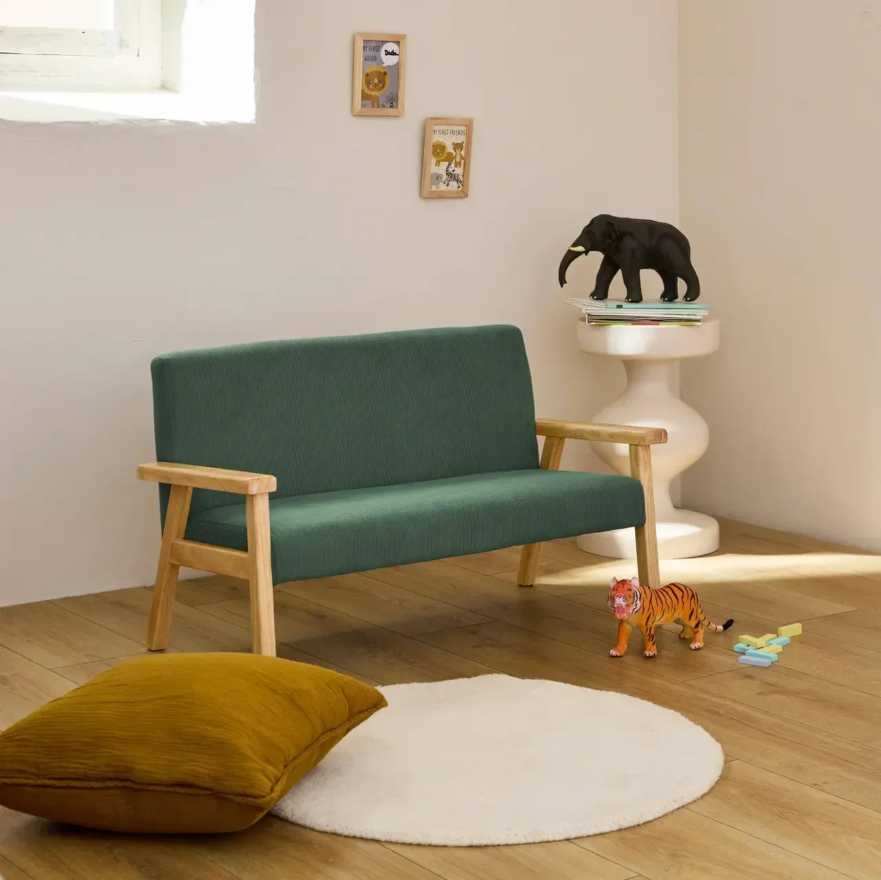 Banquette enfant 2 places velours côtelé kaki bois hévéa ISAK