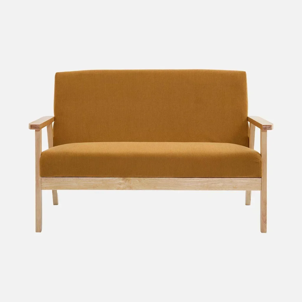 Panca 3 Posti Isak Legno Massello Hevea Velluto a Coste Kaki Stile Scandinavo Vintage