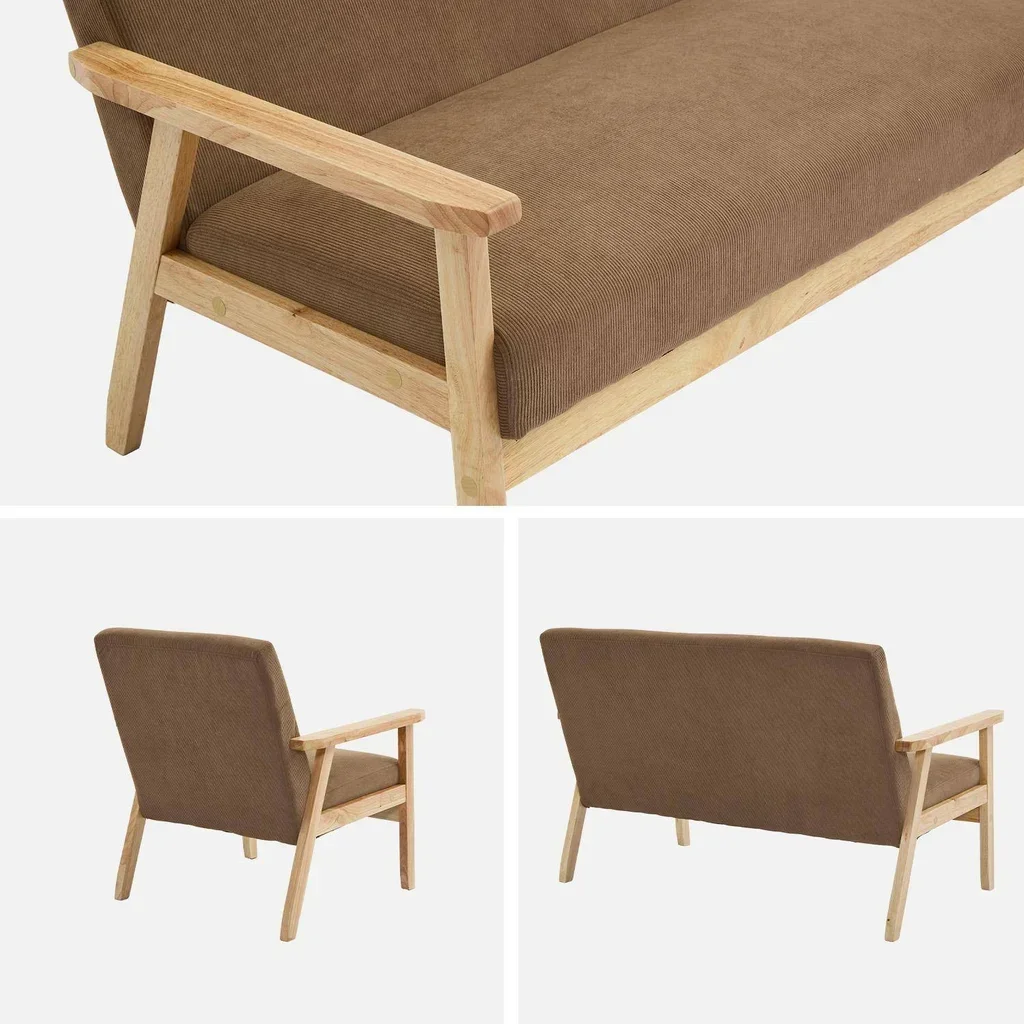 Panca 3 Posti Legno Massello Hevea Velluto a Coste Cachi Scuro Stile Scandinavo