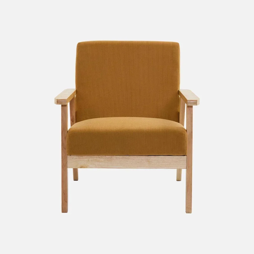 Panca 3 Posti Isak Legno Massello Hevea Velluto a Coste Kaki Stile Scandinavo Vintage